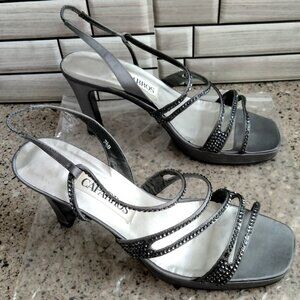 Grey Sequined Strappy Open Toe Evening Heels